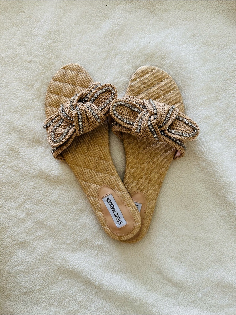 Steve Madden Natural Raffia Slide Sandals with Crystal Bow - Picture 8 of 10